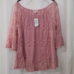 Style Co 1X Baby Pink Lace Overlay Off Shoulder Babydoll Top Blouse Ruffle Boho